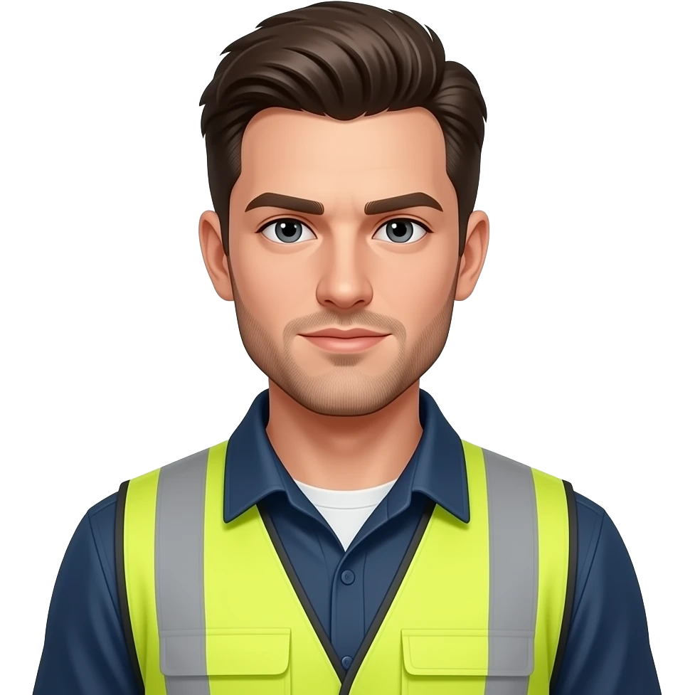young adult man with light skin, short beard, dark brushed back hair, dark eyes, smug expression, wearing yellow hi vis overalls  emoji