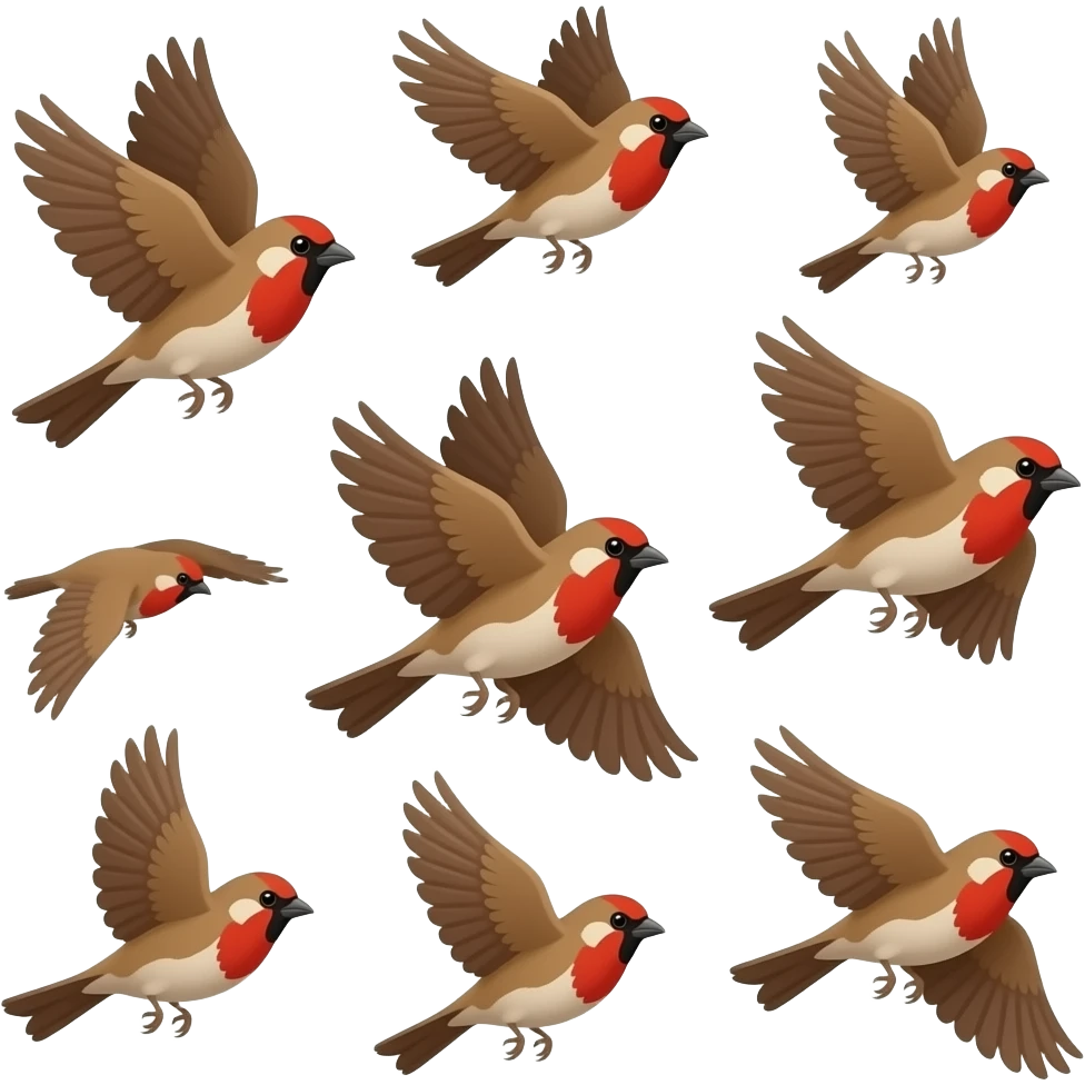 A 3d render iPhone emoji icon of a detailed Brown and red color 3D Render iPhone emojis of a flock of brown and red color songbirds flying in the air emoji