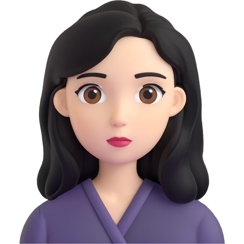 white woman with rounded brown eyes, long black hair, black blouse, neutral expression emoji