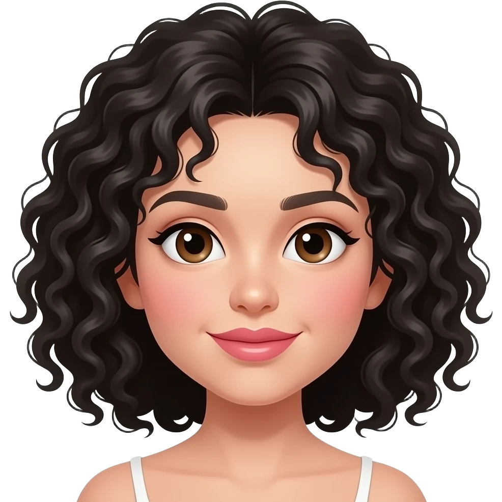 A girl with curly black hair, wide brown eyes, full pink lips, thick black eyebrows, and rosy, plump cheeks. emoji