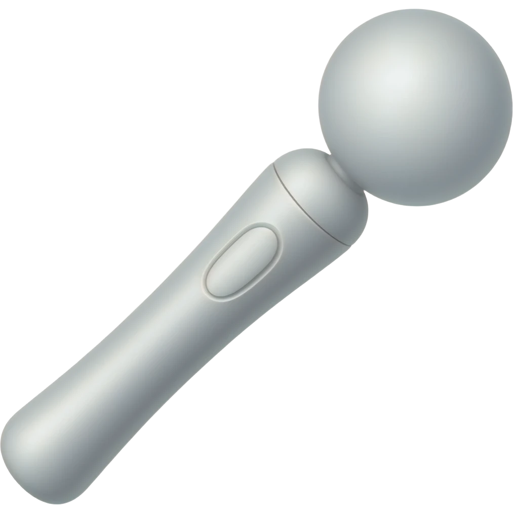 body massager in the form of a stick with a round, slightly elongated attachment on the wire, vibrating body massager, white, with an on/off button emoji