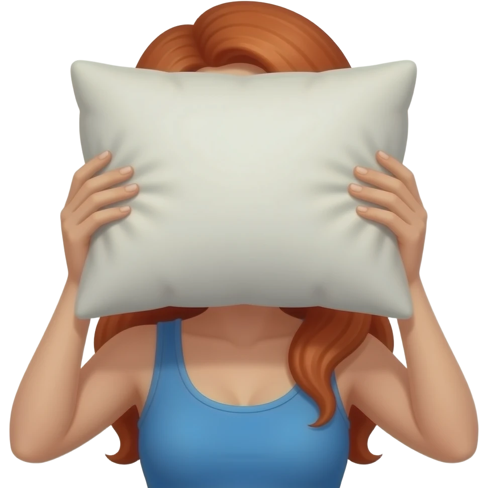 Red haired woman holding a pillow over her eyes, wear a blue tank top emoji