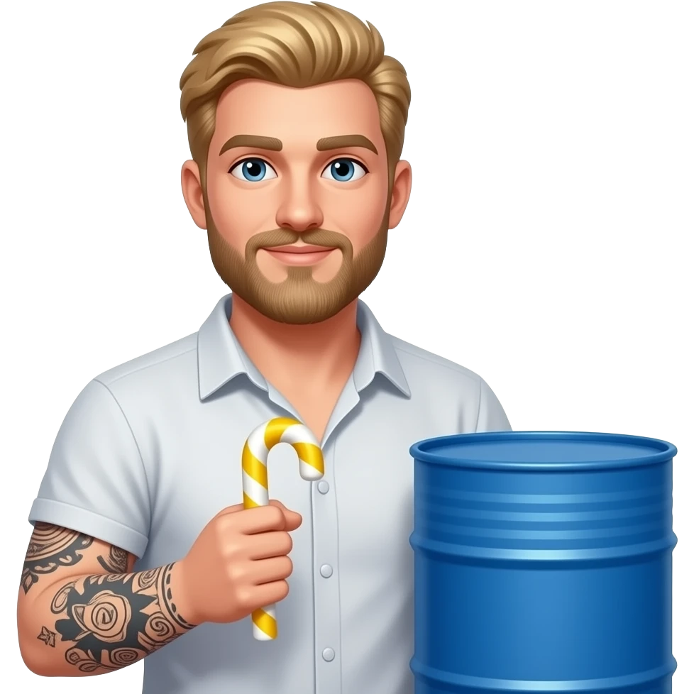blonde guy with tattoos holding a yellow and white candycane with a blue barrel next to him emoji