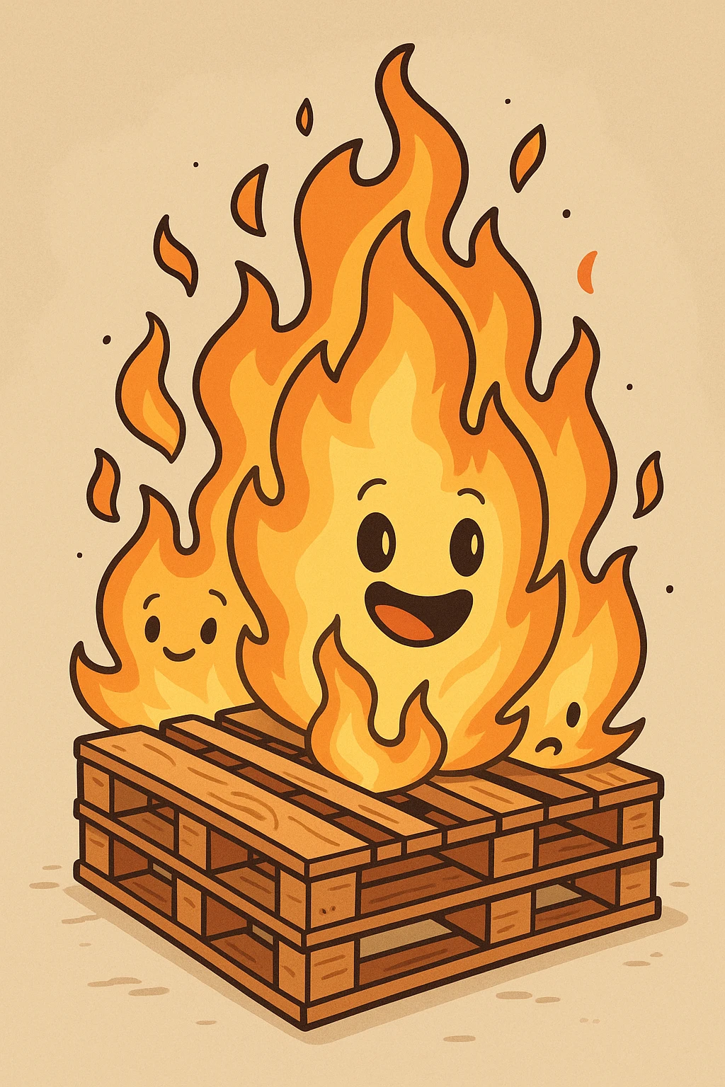 cartoon style pallet bonfire, whimsical flames, visible wooden slats, bright and friendly emoji