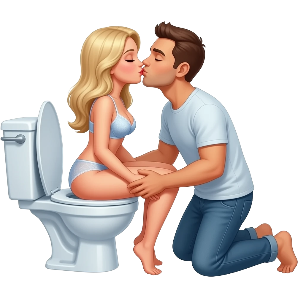White blonde woman in lingerie sits reverse on open toilet holding her butt open while man knees behind her kissing her butt. Eyes closed emoji