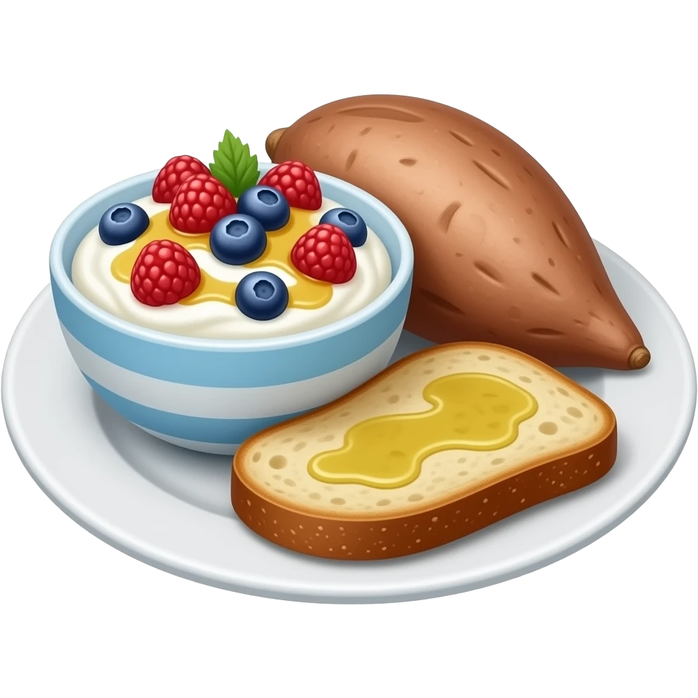 Realistic Plate with greek yogurt bowl topped with blueberries raspberries and maple syrup and sourdough slice topped with olive oil and a sweet potato on the side HD emoji