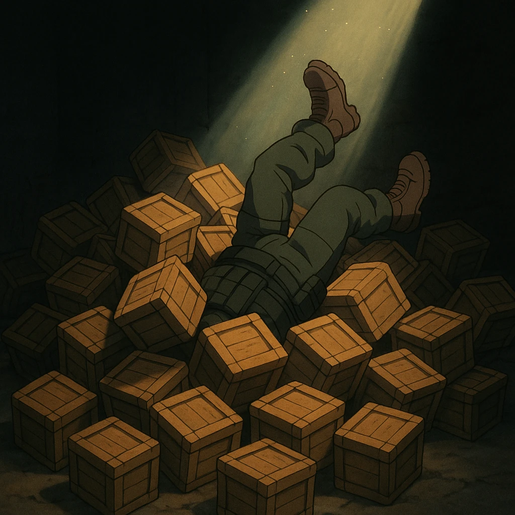 A pile of small oblong crates hidden in a dark area with a beam of light shining from above, with someone’s boots sticking out like they dove in, tactical gear clothing  emoji