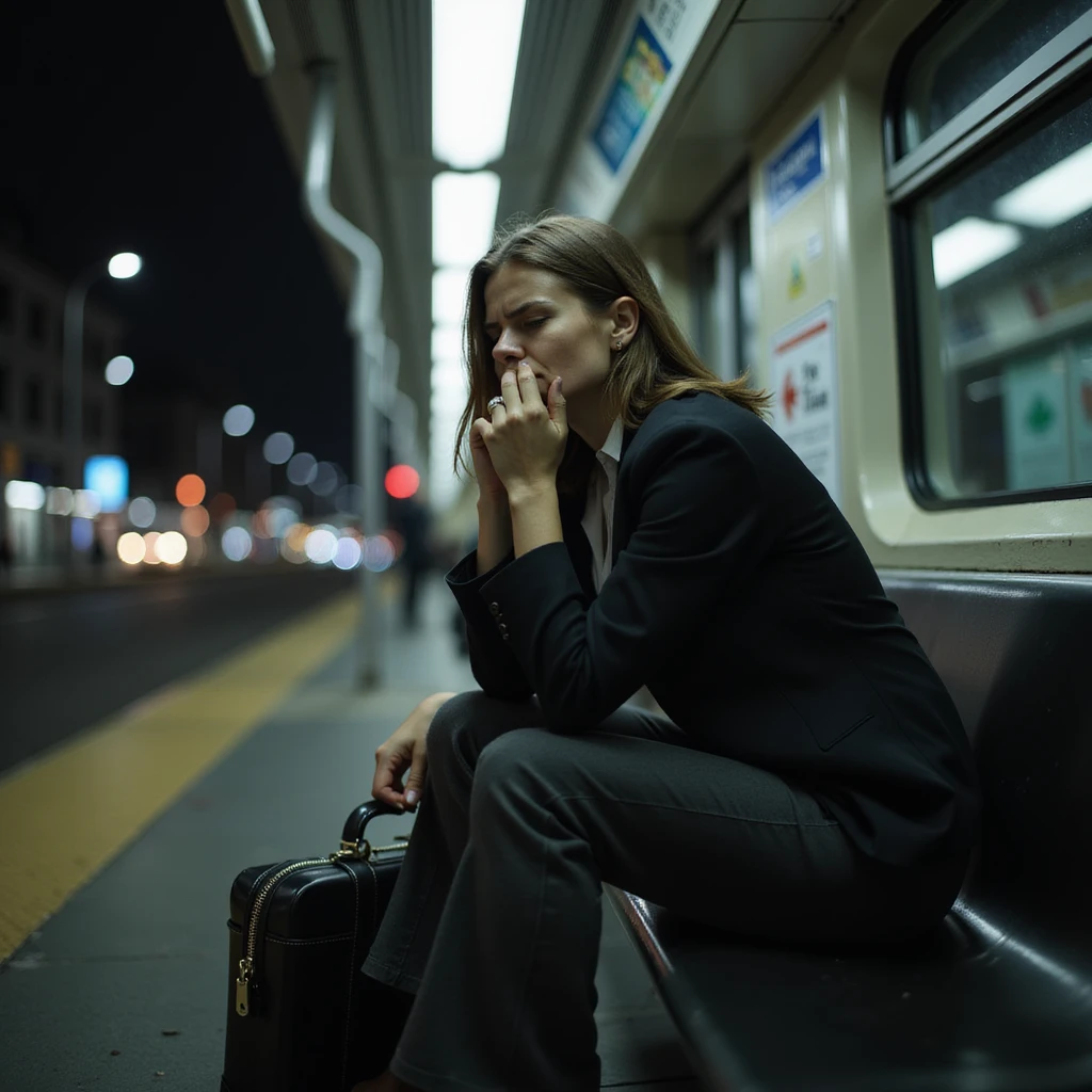 woman in work clothes sitting exhausted on a subway bench, briefcase on her knees, eyes closed and deep breath, urban night environment, hyperrealistic 4K details emoji