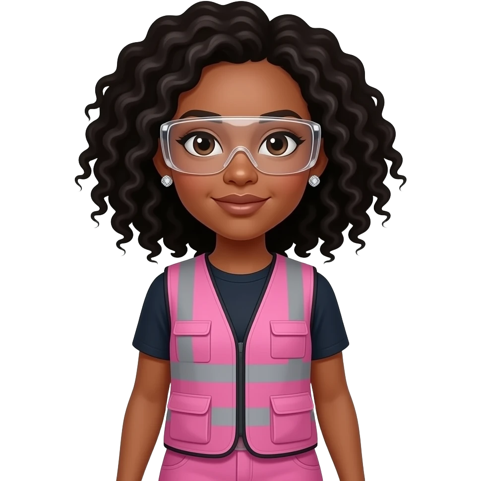 African American with light skin complextion women with shoulder length curly black hair wearing diamond earrings wearing pink and clear safety glasses wearing a pink construction vest wearing pink pants emoji