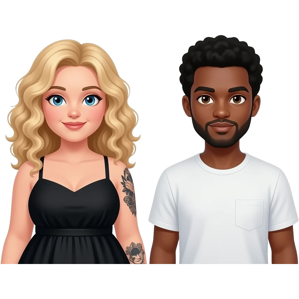 Plus size women Blonde curly hair blue eyes black tattoos on right lower arm wearing a black summer dress saying best friends in cursive teal writing above a pitcher of a African American man with black hair brown eyes NO facial hair emoji