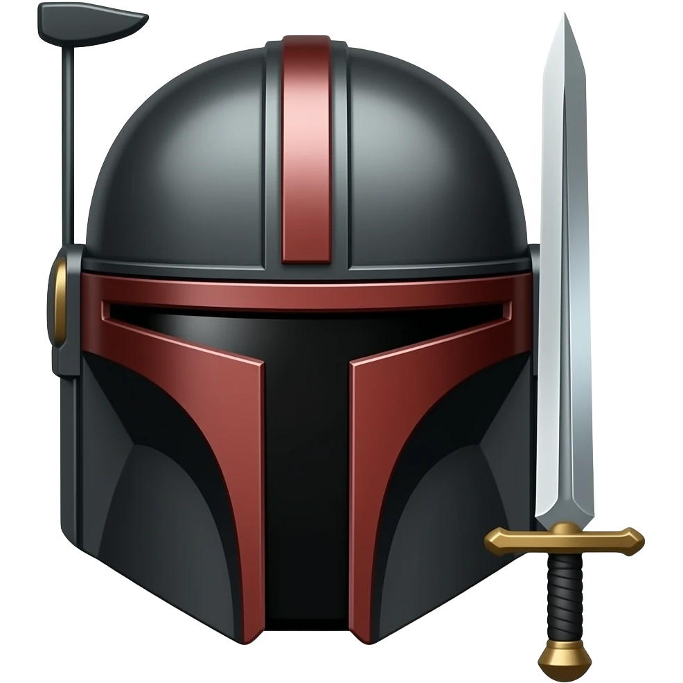 A midnight black Mandalorian helmet with red markings and a line going down the middle holding a greatsword sword emoji