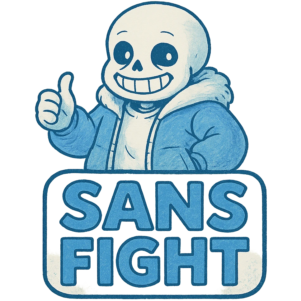 logo for 'Sans Fight' inspired by Undertale, ghibli style, bold blue and white colors emoji