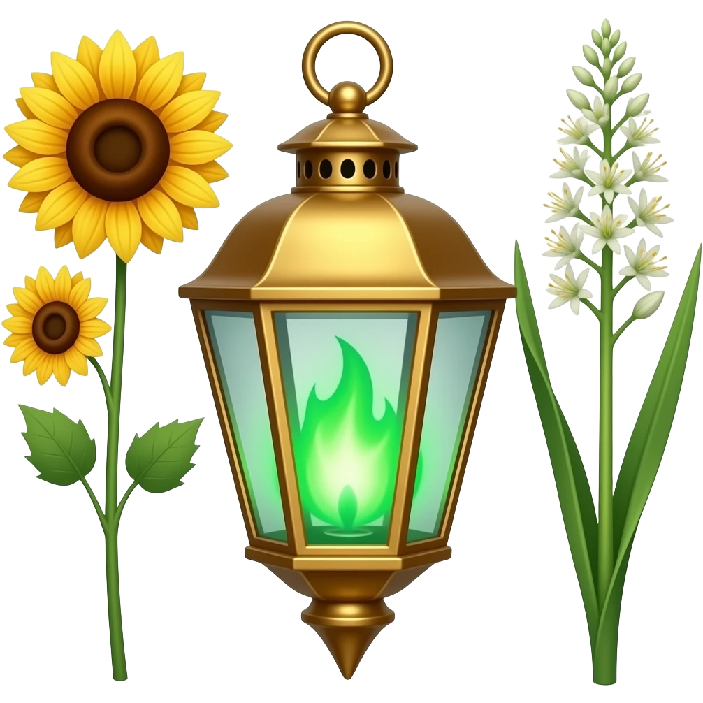 A golden hanging lantern with a bright emerald flames, an empty loop on top, fae themed sunflowers on the left and fully bloomed asphodels on the right as part of the design, but simple focus more on the green flames, paint the glass more green, have its bottom point come to some sort of point emoji