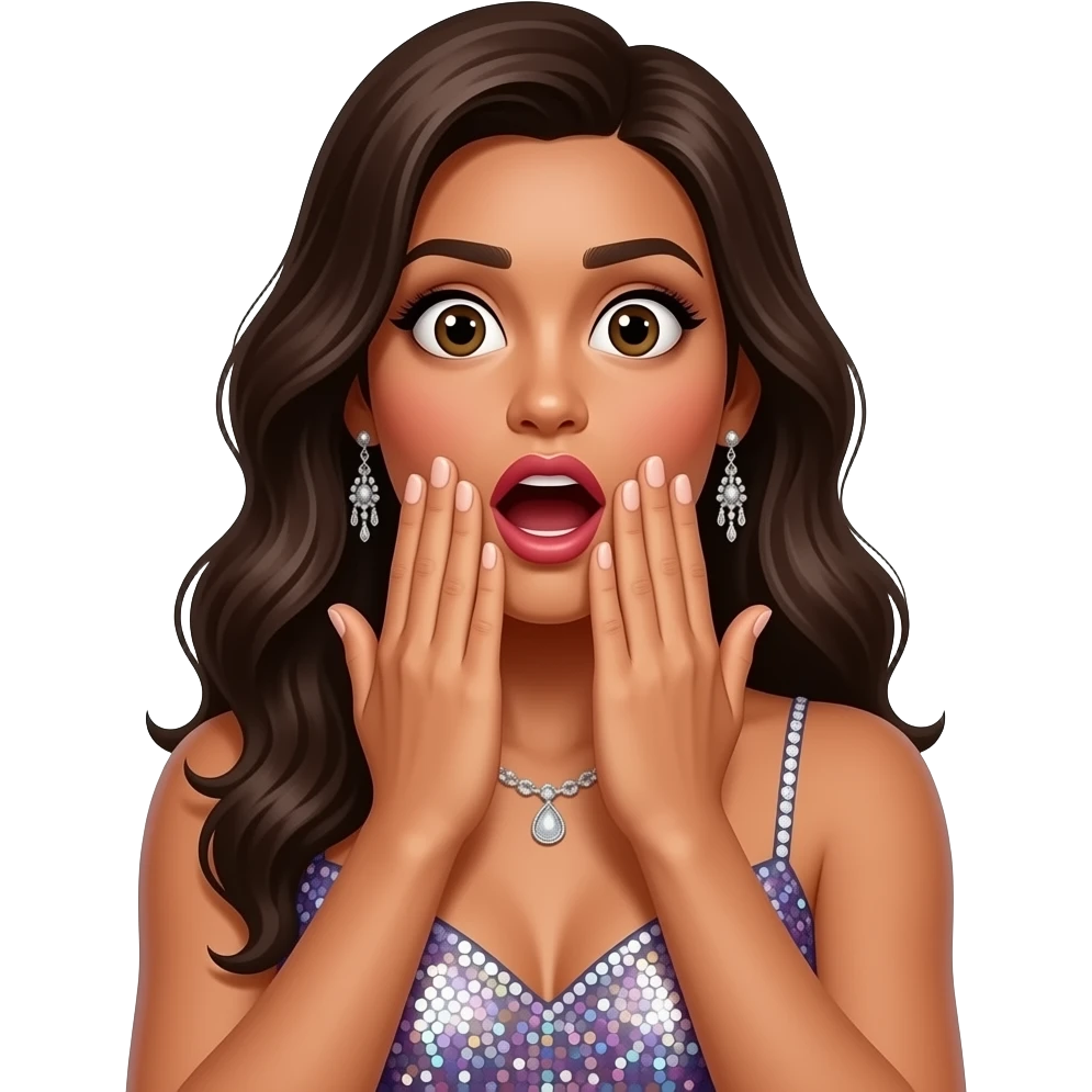 colombian woman in shining party dress very shocked expression with hands covering mouth closeup emoji