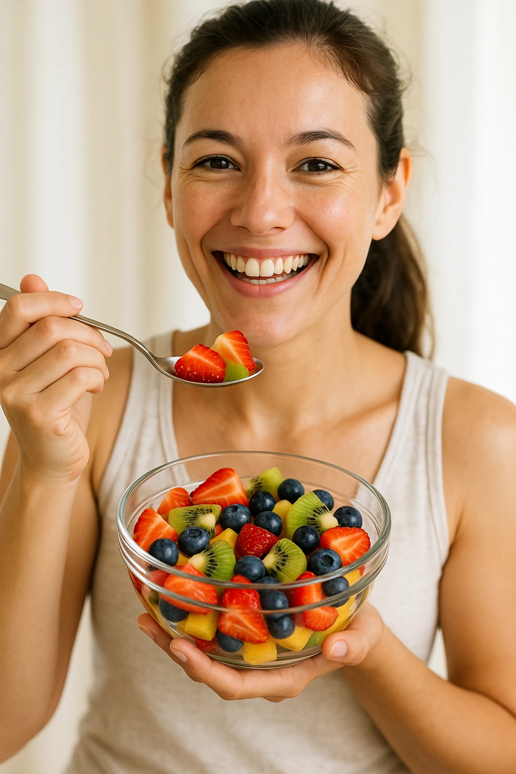 A cheerful person holding a glass bowl of colorful fruit salad with vibrant pieces of strawberries, kiwis, and blueberries visible. The person is wearing a casual, light-colored tank top and has a friendly, bright smile as they prepare to take a bite with a spoon. The overall composition focuses on health and enjoyment. emoji