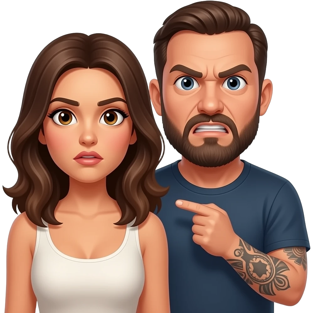 A really angry Latino husband with medium length hair and beard and tattoos found out his wife was cheating on him with a bald, red bearded guy, and his wife is beautiful with hazel eyes and shoulder length brown hair and their relationship is broken emoji