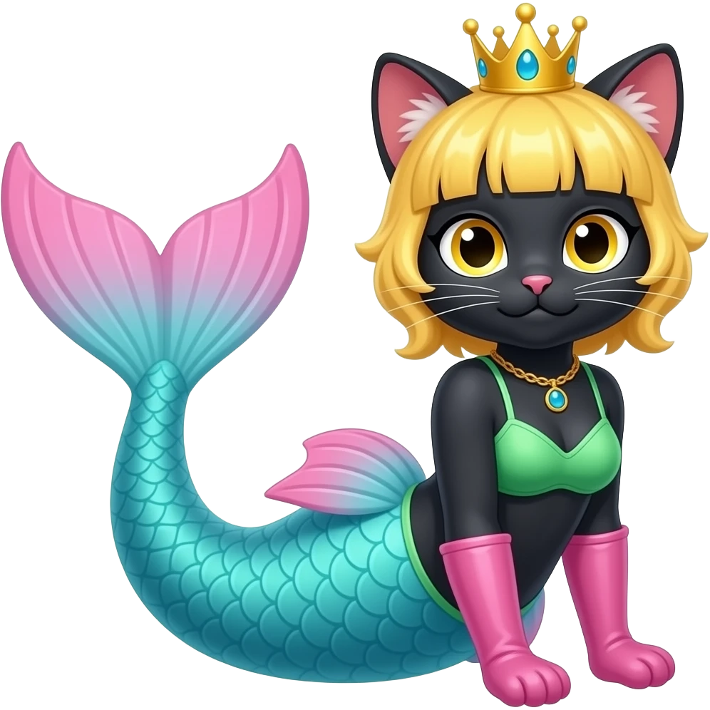 Femboy black anthro cat #B8FFFF mermaid tail with pink fins and long pink gloves  yellow hair crown green swimsuit emoji