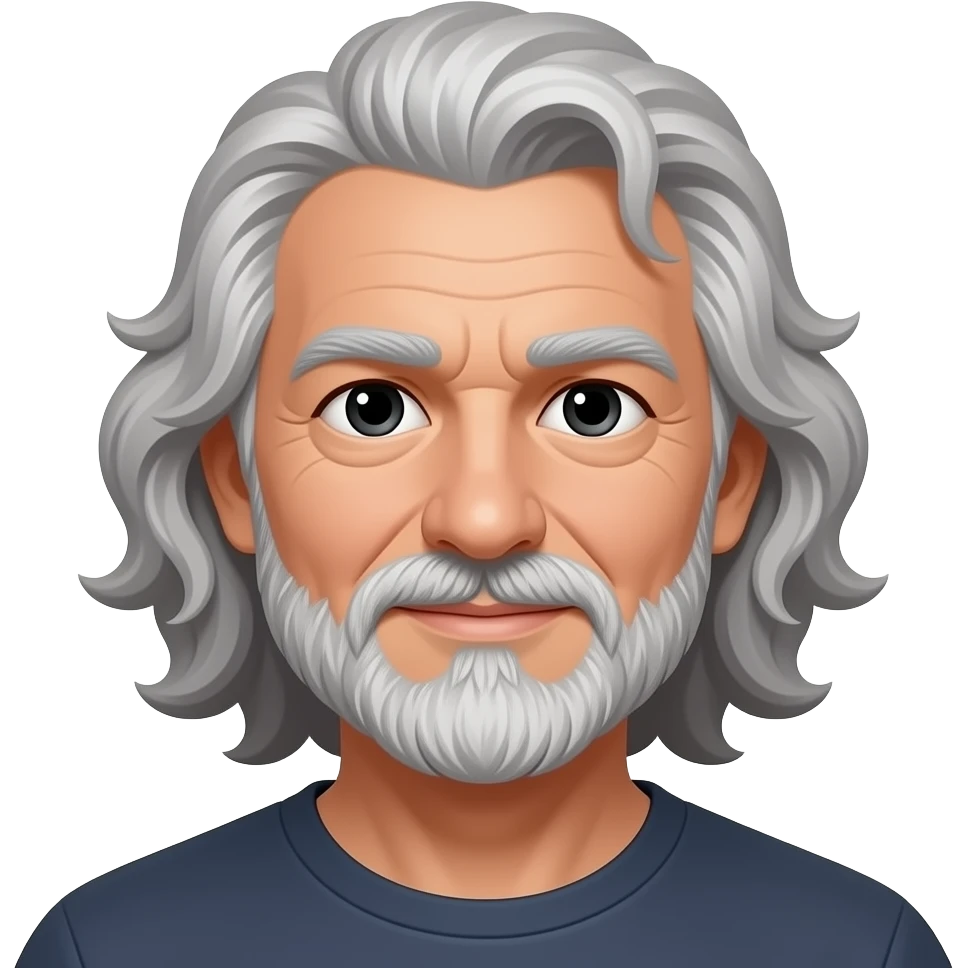 البشرة افتح من الأسمر  العيون مسحوبة حواجب سوداء رمادي بشره قمحيّة اللون وعمرة ستون عاما رجل شعره كيرلي رمادي طويل عيناه اسود له لحية emoji