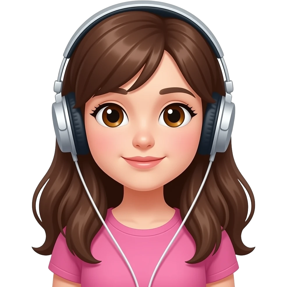 Tinédzer arca legyen a lánynak rózsaszín felső legyen rajta és zenét hallgasson és hosszú barna haja legyen és barna szeme és ne legyen frufruja emoji