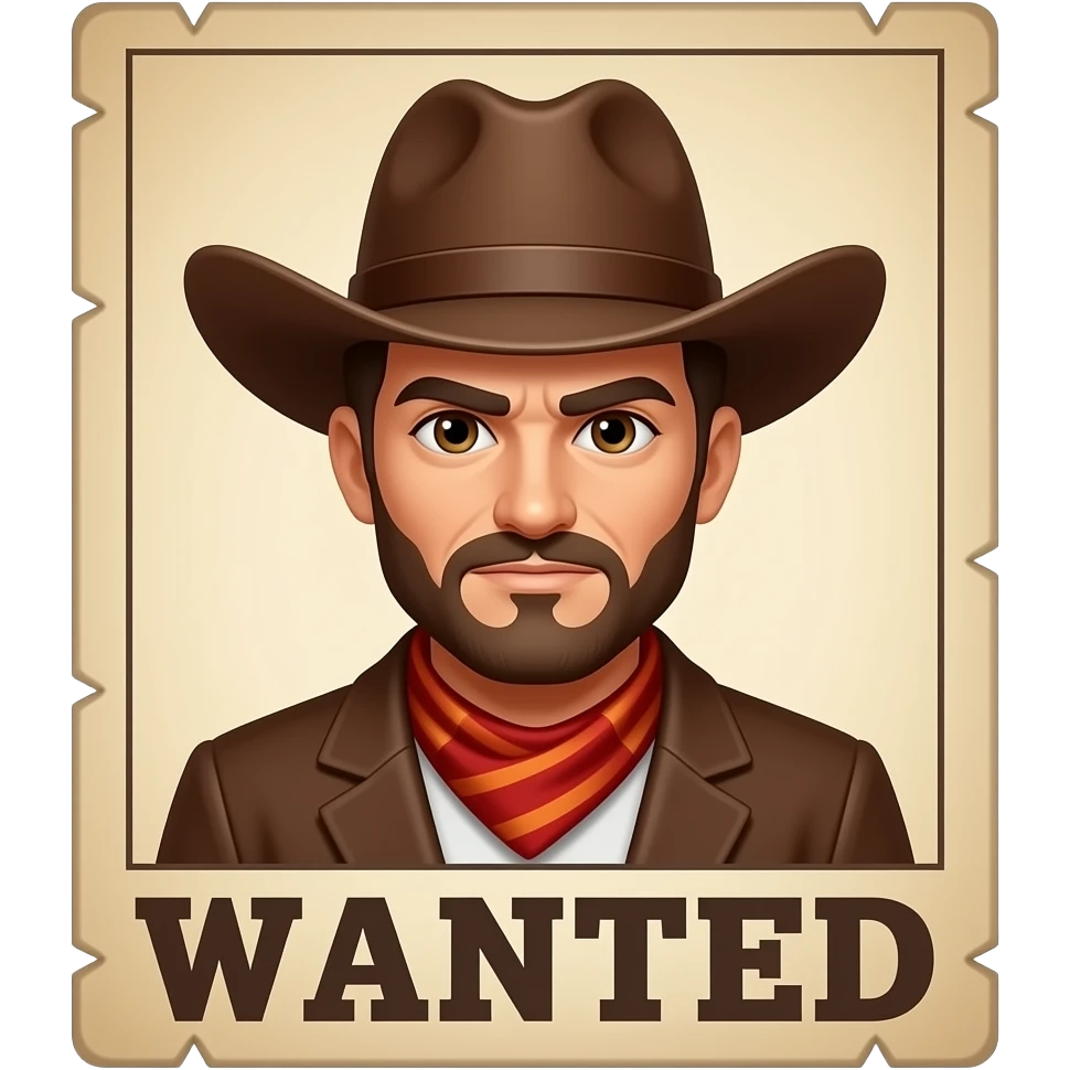 wanted poster with a cowboy with a mean face and the text 'wanted' underneath the cowboy. emoji