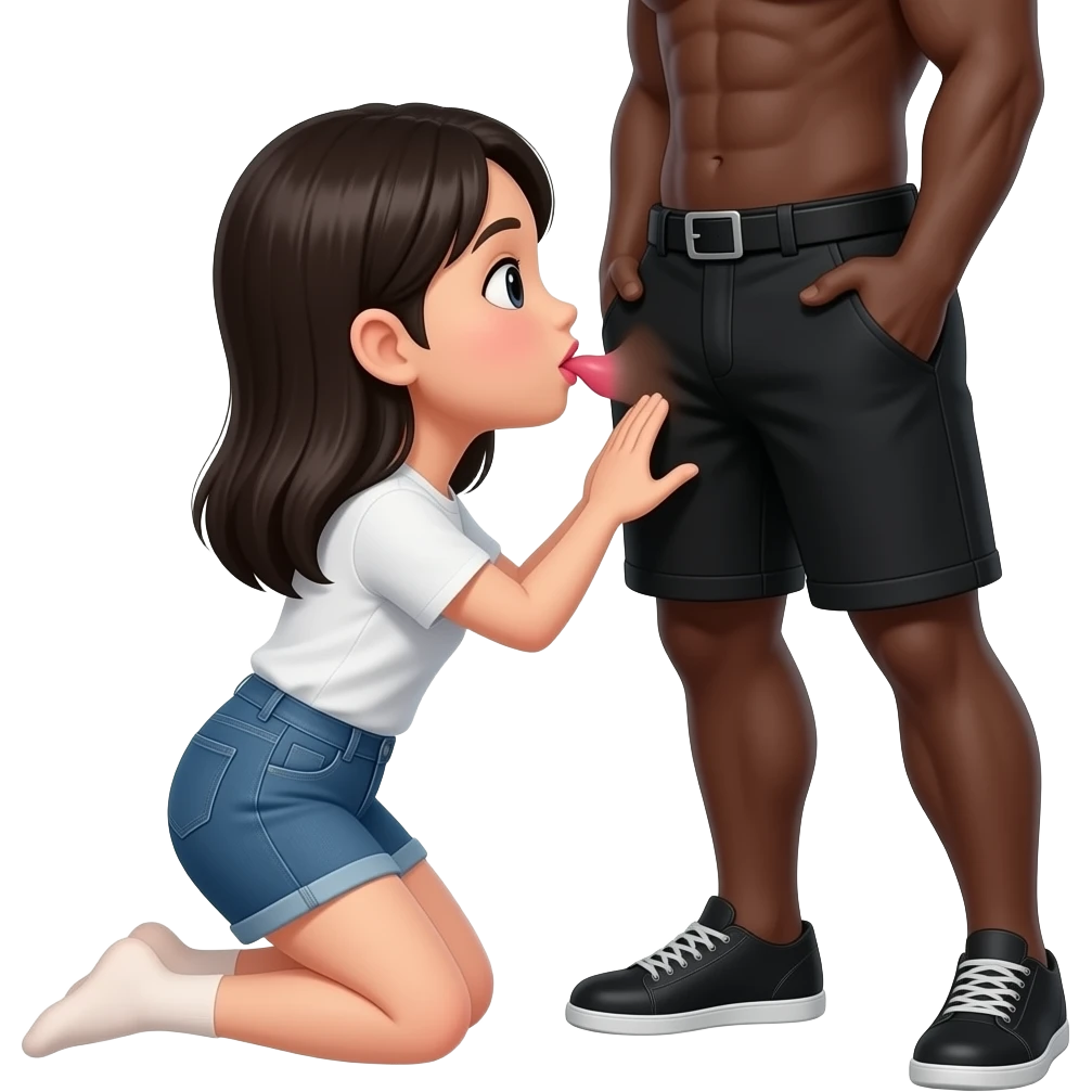 Asian girl kneeling before a black guy showing his penis and sucking on his black emoji