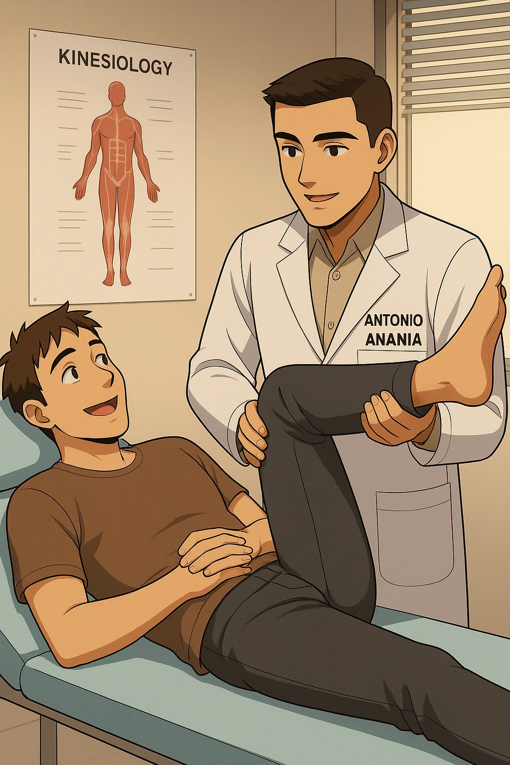 fai un webtoon manga a colori con questo stile, in cui un uomo è steso sul lettino medico e il kinesiologo con il camice bianco (fagli anche la scritta "ANTONIO ANANIA" SUL CAMICE, gli solleva una gamba per fargli il test neuromuscolare, IL KINESIOLOGO SPIEGA ALL'UOMO UNA cosa mentre gli alza la gamba. l'espressione dell'uomo è felice e soddisfatta, non fare i fumetti però, fai solo in modo che sembri stiano parlando, il lettino fai in modo che si veda tutto intero emoji
