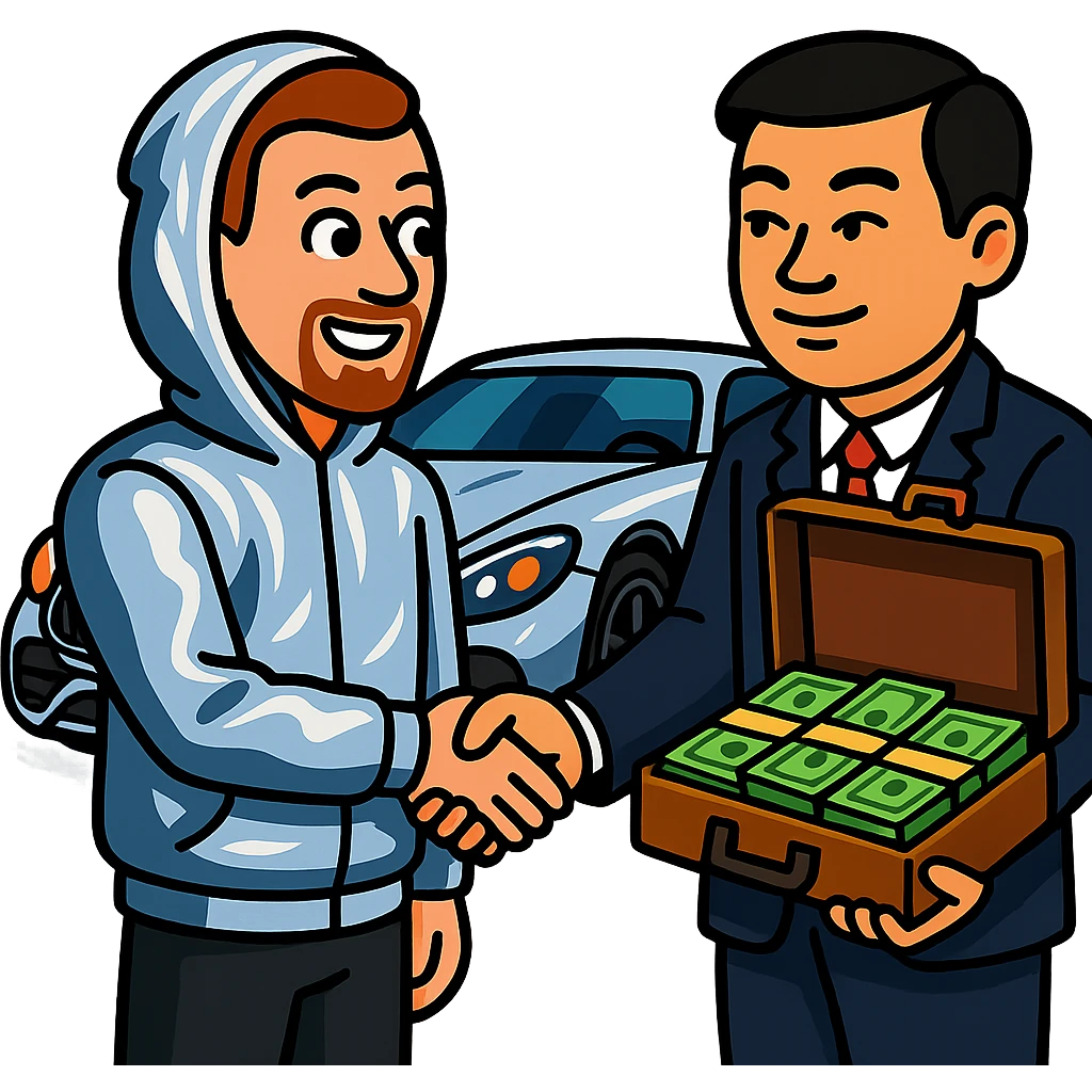 A white man with a goatee, natural skin, wearing a chrome hoodie, shaking hands with a Chinese man with natural skin, giving him a briefcase of green dollar bills. AMG car in the background. Vibrant cartoon style. emoji