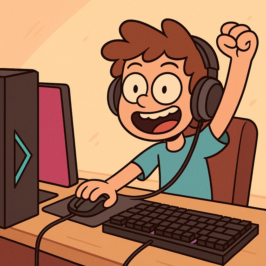 a young boy with a gaming setup, cartoon style, modern, fun, colorful, energetic emoji