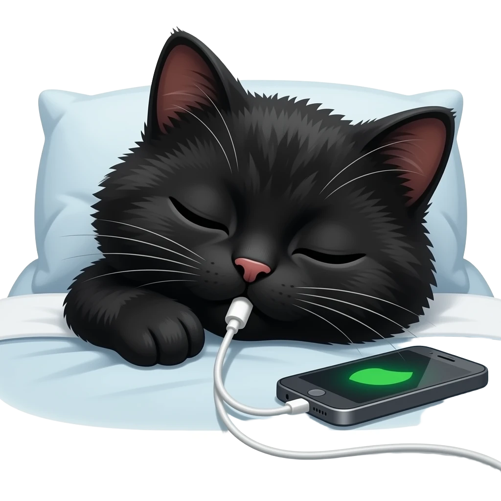 Black cat lying on bed, half asleep, phone charging beside him, sleepy eyes, messy fur, cozy mood, Discord custom emoji, close-up, expressive face, bold outline, transparent background emoji