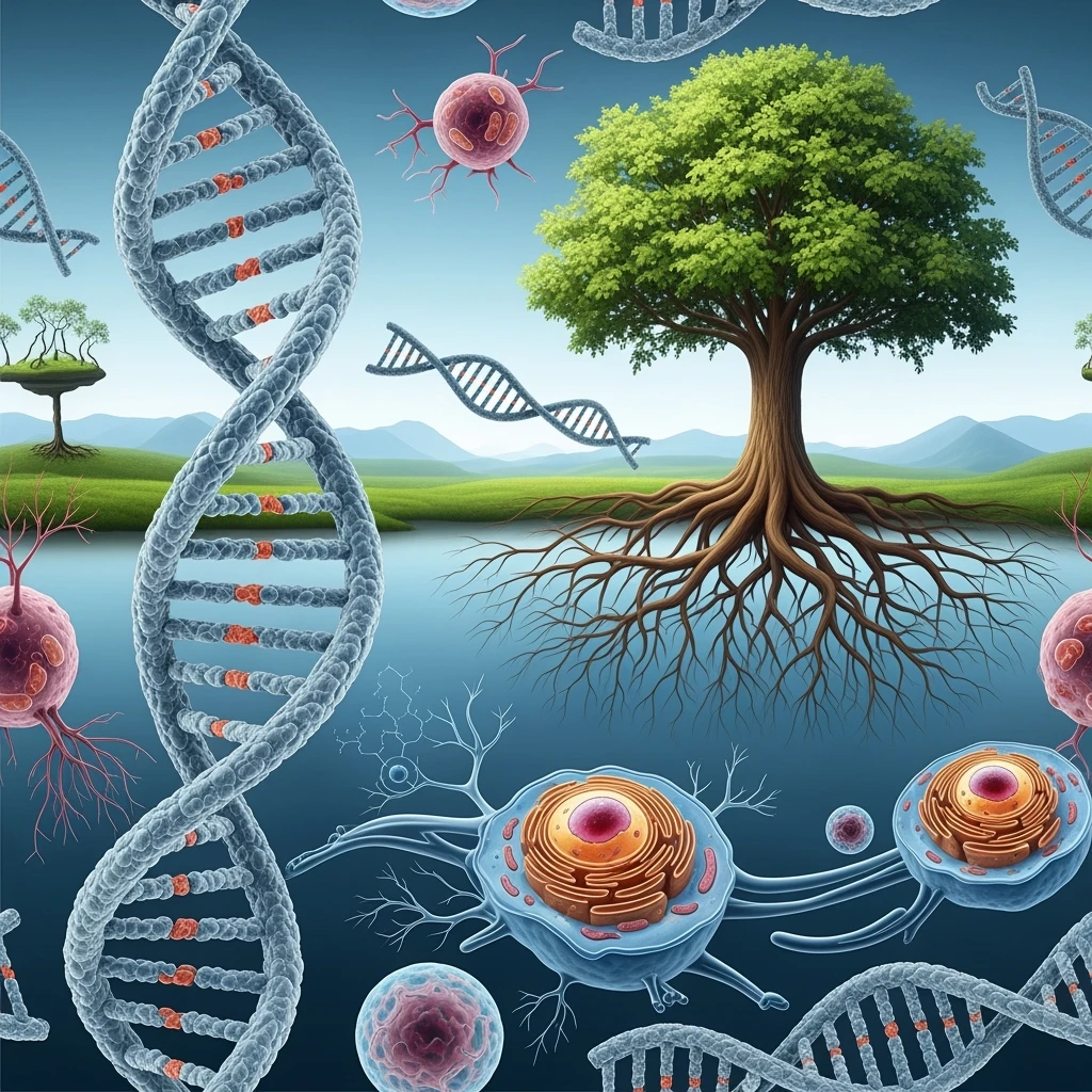 A realistic biological landscape showing: DNA strands transitioning into a tree, cells with visible organelles, neurons connected to plant roots  and a balanced ecosystem background . Seamless integration, no labels or borders. Scientific color scheme, detailed but minimalist. emoji