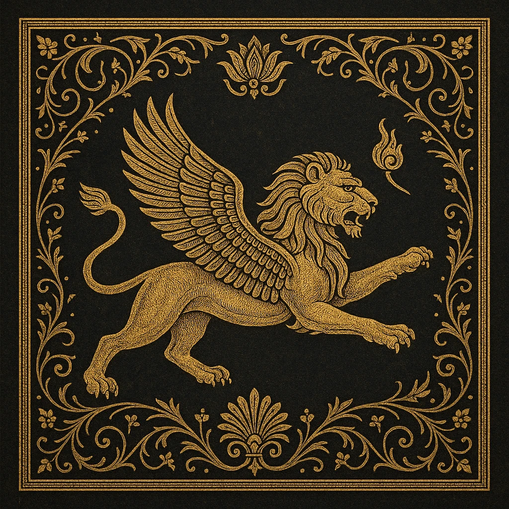 Persian emblem featuring a flying lion, intricate and regal, inspired by ancient Persia emoji