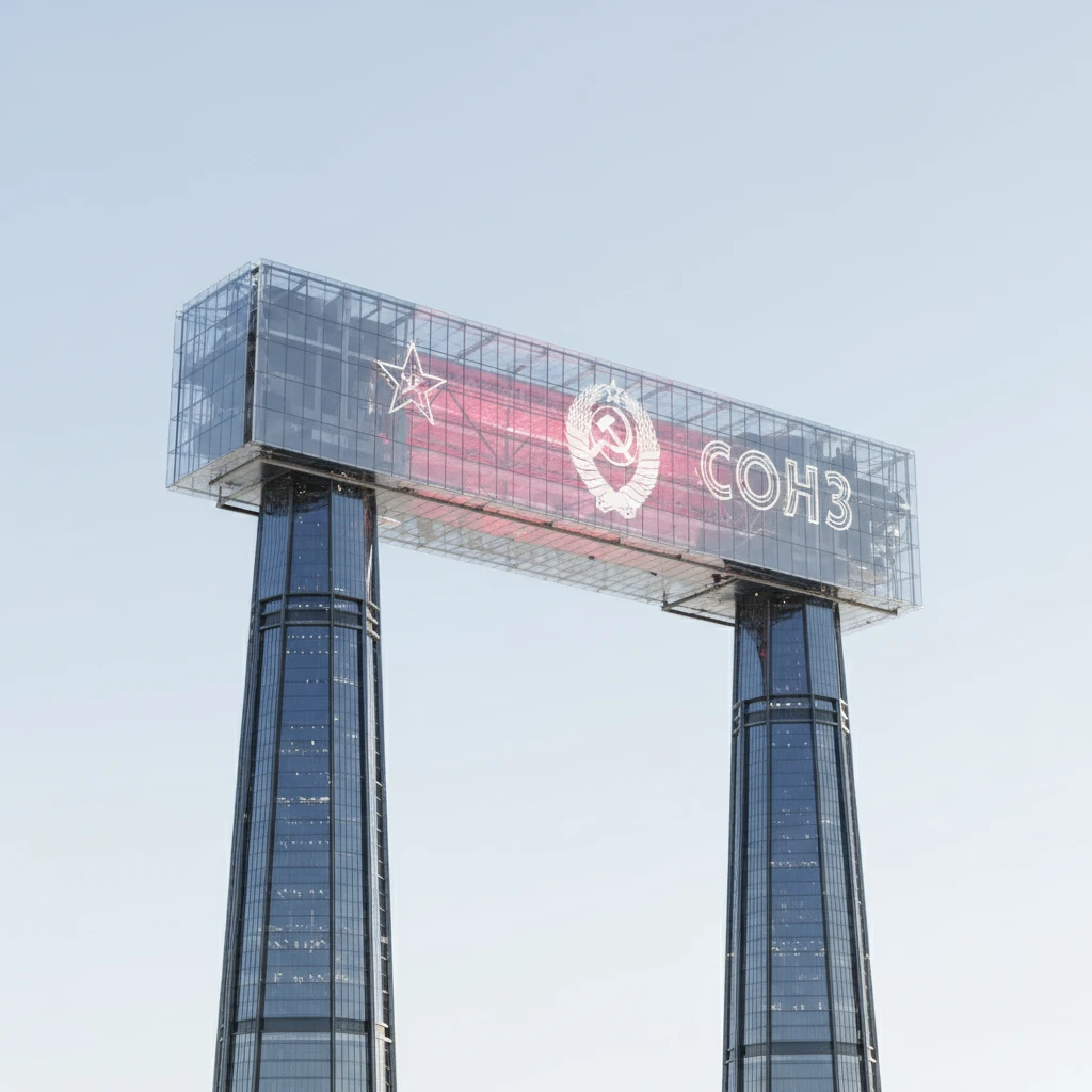 Горизонтальный небоскреб с советской символикой, прозрачное стекло и небольшое красное свечение. Он лежит на двух высоких небоскребах, которые стоят далеко друг от друга. 

Фотореализм. Абсолютно прозрачный фон emoji