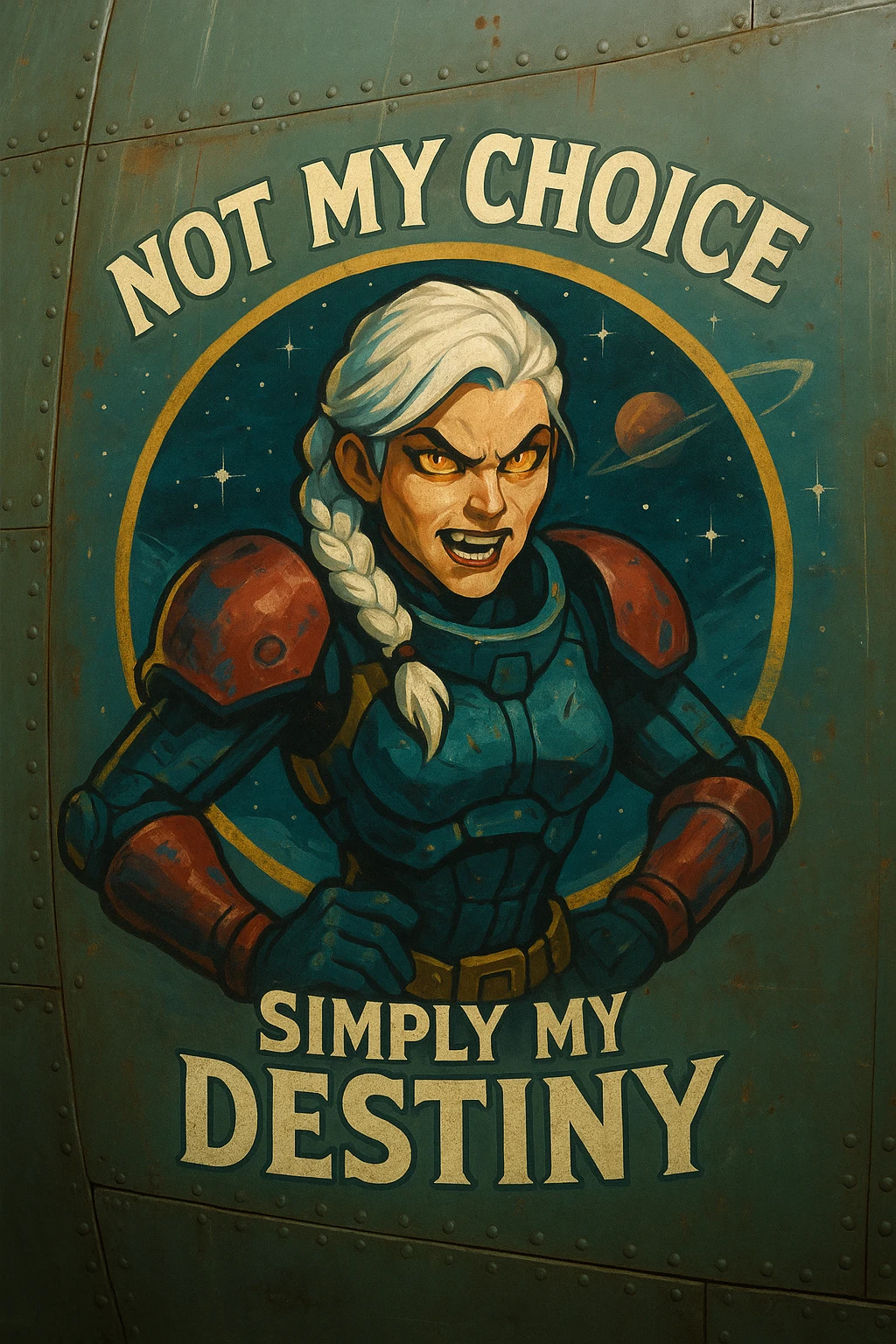 a retro military pinup fuselage decoration for the motto " not my choice, simply my destiny "
; female figure, white hair 1 braid, gold yellow eyes, spacer, fierce, exo-rogue, menacing yet taunting emoji