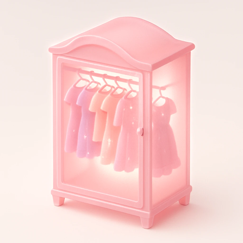 whimsical pink glass closet, pastel dresses and tops hanging inside, sparkly and sweet emoji
