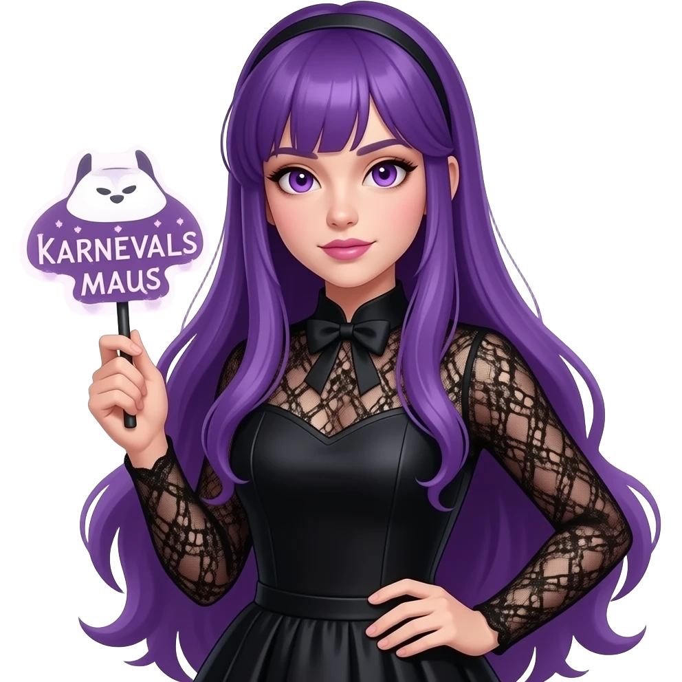 sexy girl with long purple hair and purple eyes wearing a halloween dress holding a KARNEVALS MAUS sign emoji