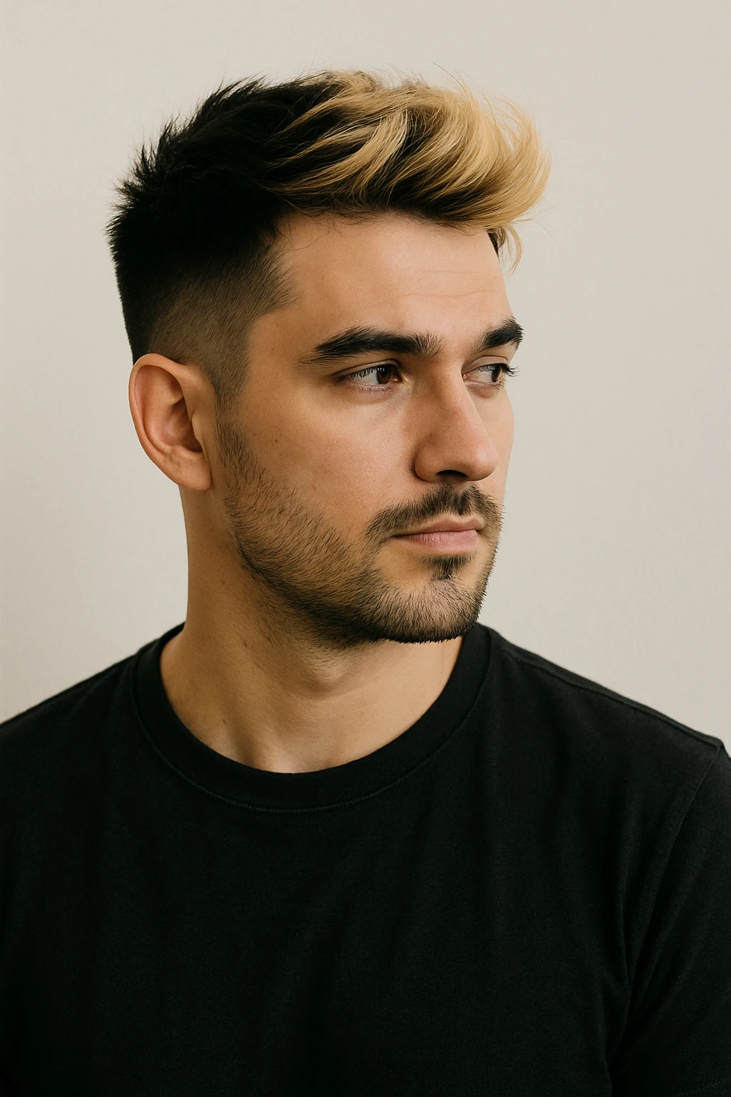 man with short black hair and blonde highlights, looking to the side, minimal background emoji