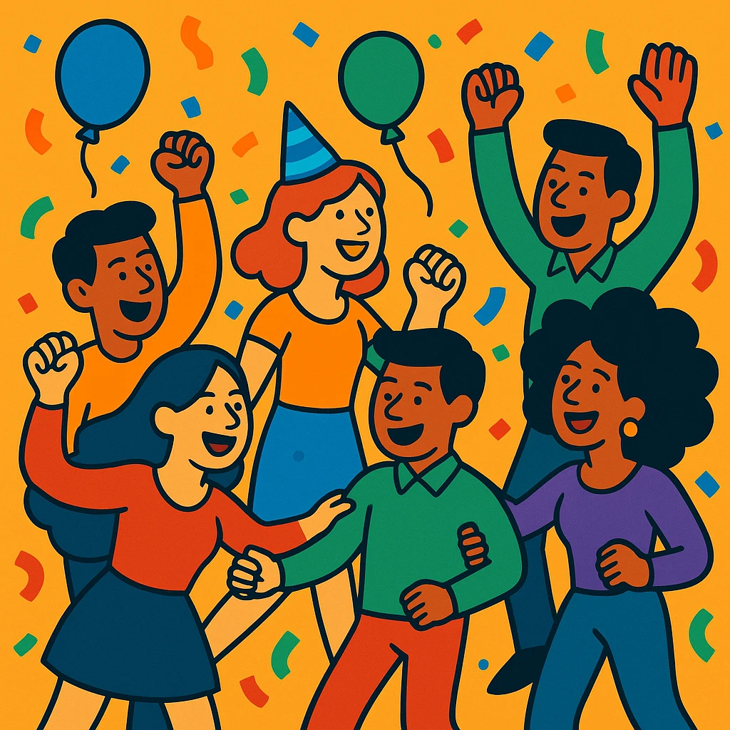 Party people forming a conga line, vibrant cartoon style, with confetti and balloons. emoji