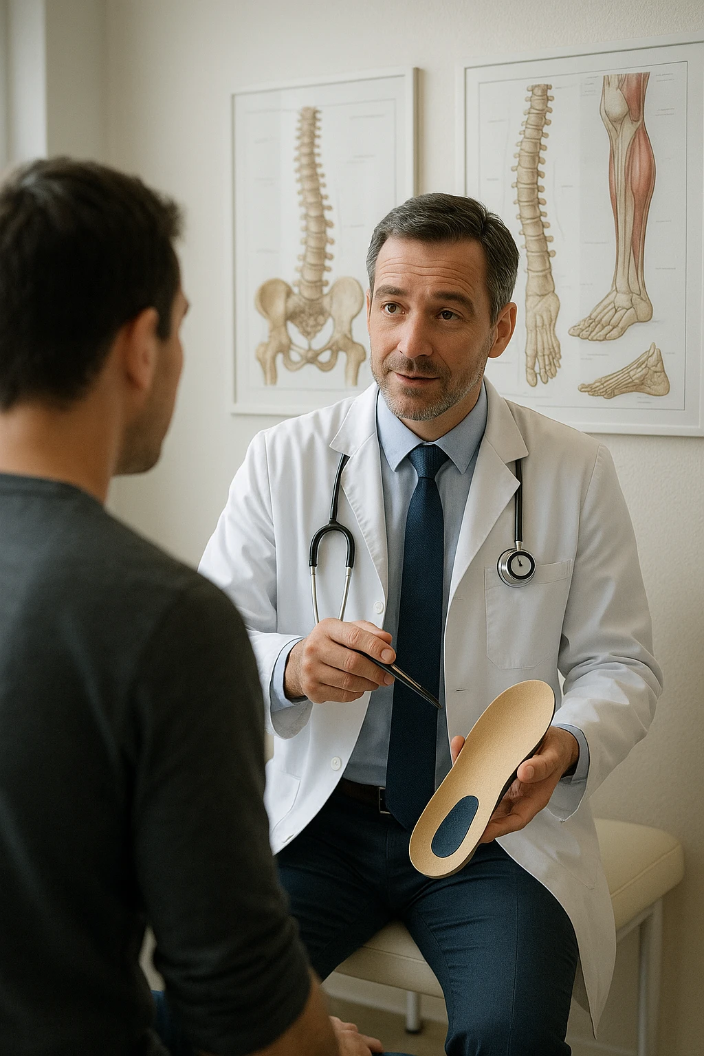 A realistic, cinematic illustration of a professional male doctor in his mid-40s, wearing a white coat, calmly explaining to a patient the benefits of using orthopedic insoles (plantari) for posture correction. The doctor holds a custom insole in his hand while pointing gently to a detailed anatomical poster showing the human spine, pelvis, and feet, illustrating the connection between foot alignment and posture. The setting is a bright, clean medical office with soft natural lighting, a treatment table, and educational anatomical charts in the background. The patient, seen from behind, listens attentively, while the doctor maintains a warm, knowledgeable expression, emphasizing preventive care and body alignment through plantar support. The scene feels trustworthy, modern, and health-focused. emoji