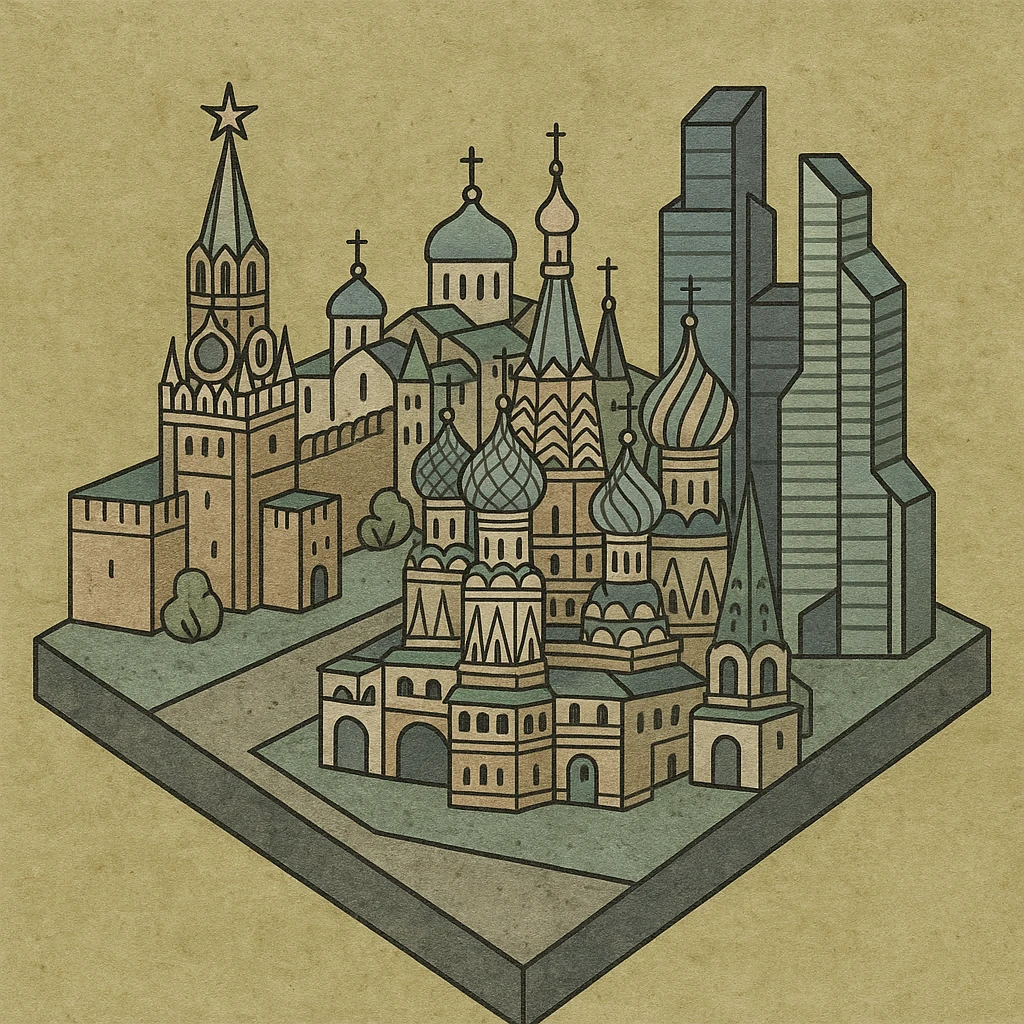 Изометричная миниатюрная 3D модель Москвы - Кремль, собор Василия Блаженного, Сити,  аккуратная детализация, яркие цвета мультяшный реализм, компактная композиция,  вид сверху в изометрии emoji