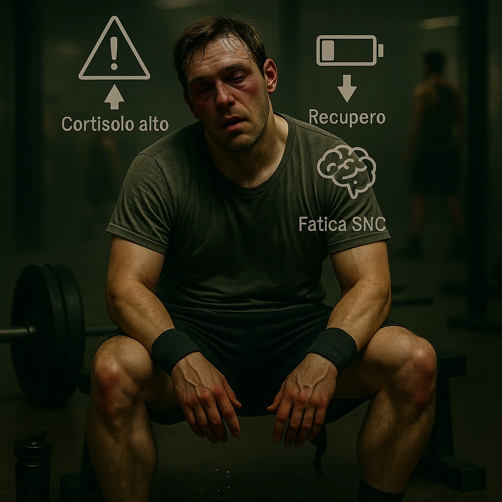 Add floating symbols above the head with Italian text: 'Cortisolo alto', 'Recupero basso', 'Fatica SNC'. The style should be raw cinematic with muted colors and dramatic lighting. The symbols must be clear and legible. emoji