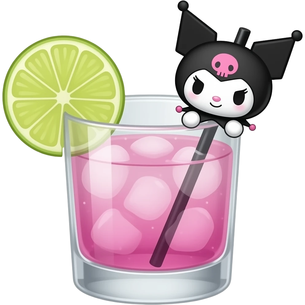 kuromi the sanrio character themed black and pink colored cocktail with actual illustration of kuromi as a garnish with no lime or lemon aside emoji