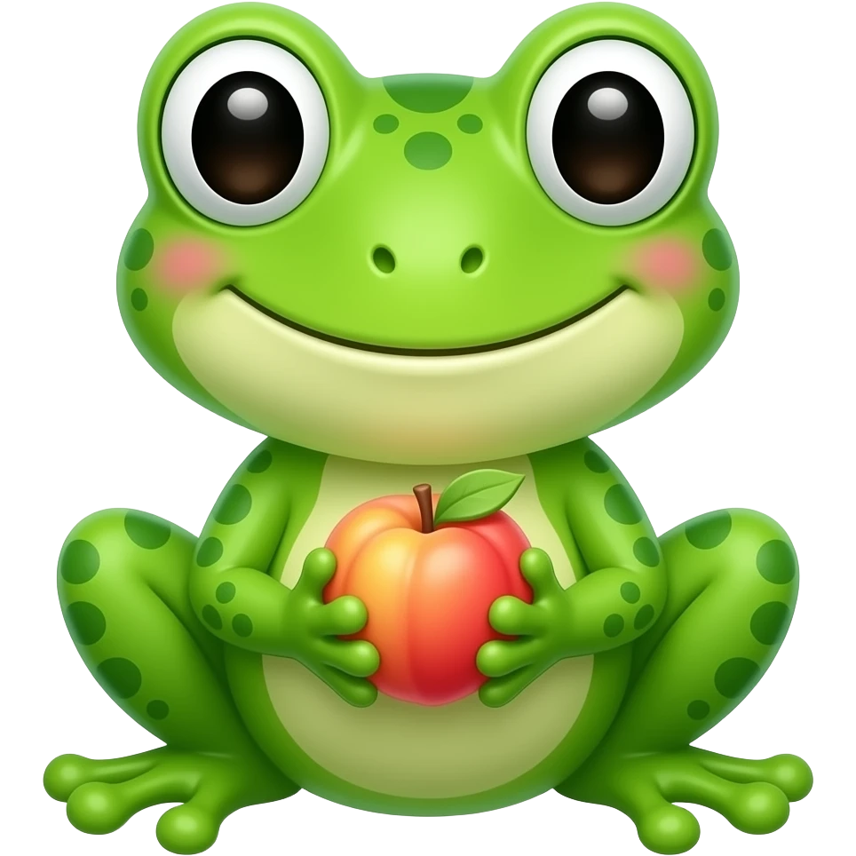 Frog & Peach Pub: 3D emoji style, glossy surface, soft shadows, white background, centered, no text, cute frog character, big expressive eyes, holding a tiny peach, happy grin, bright green, no defined gender emoji