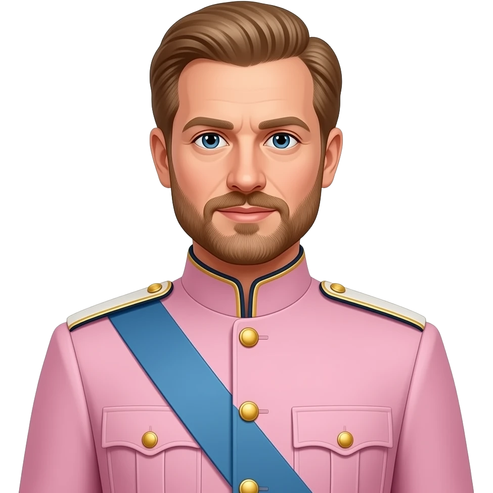 Fashion inspired British royal guard, isolated, centered, no background, tailored blush pink ceremonial coat, gold buttons, elegant London luxury aesthetic emoji