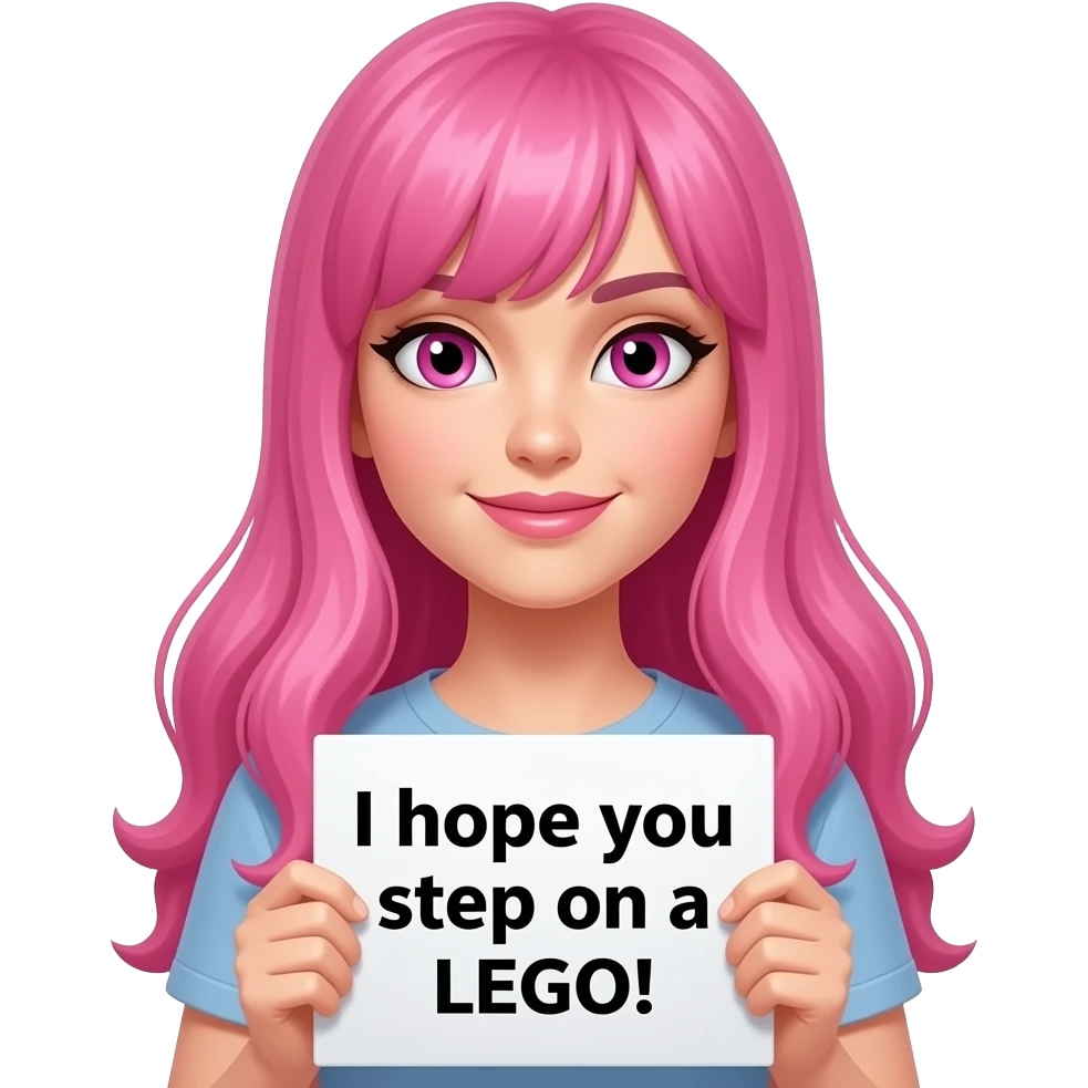 sexy girl with long pink hair and pink eyes holding a I hope you step on a LEGO! sign emoji