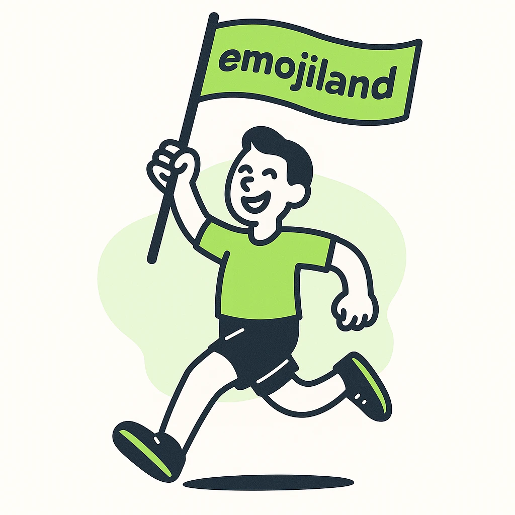 happy runner waving a flag that says 'emojiland' emoji