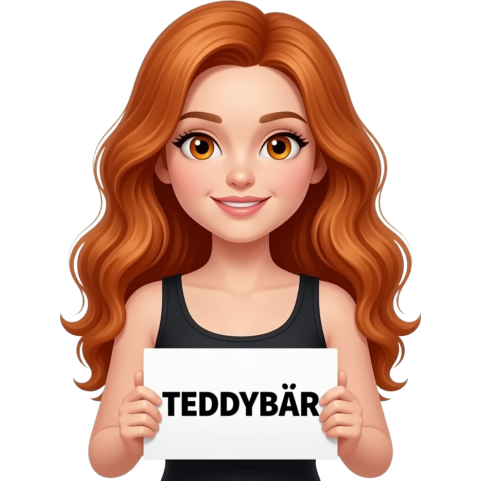 sexy girl with long wavy ginger hair and ginger eyes wearing a black tanktop is holding a white sign with TEDDYBÄR written on it emoji
