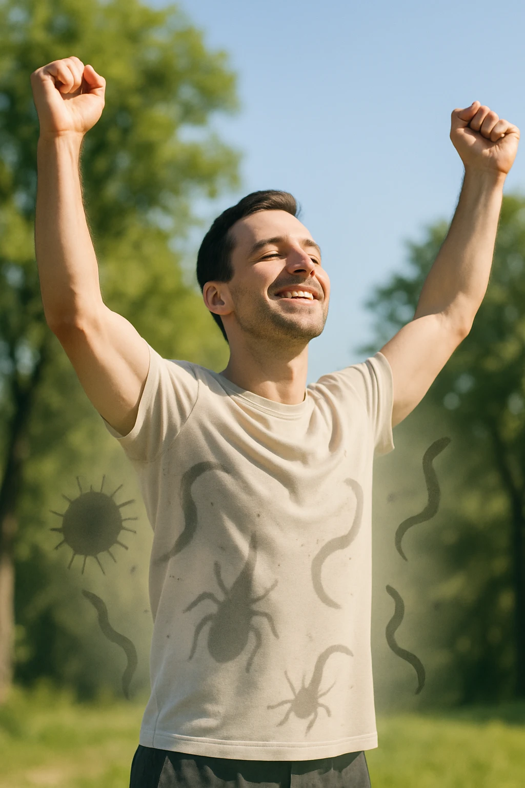 a man stands outdoors in bright sunlight, arms raised in relief and joy, while faint, shadowy silhouettes of parasites fall away from his body and dissolve into the air. His posture is upright and energetic, his expression serene and healthy. The background features green trees and a clear sky, emphasizing liberation and restored well-being. emoji
