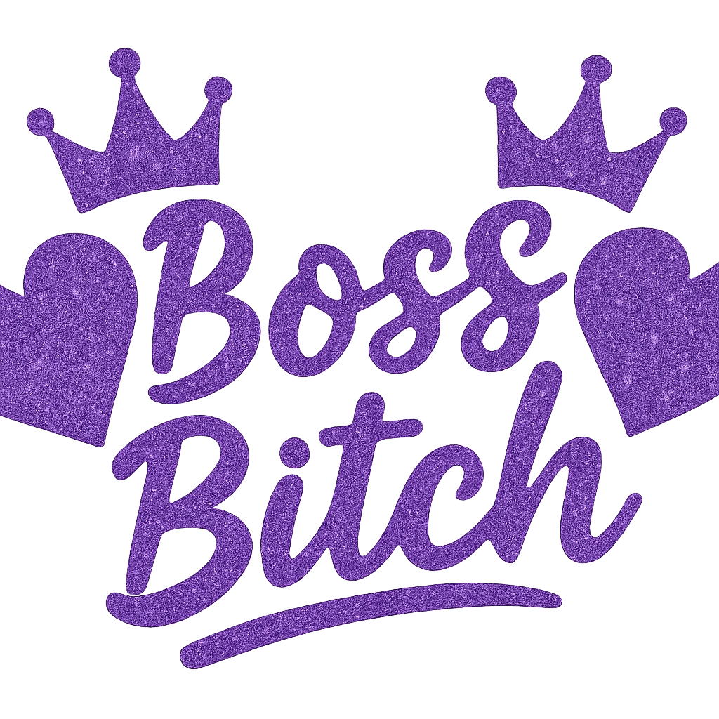 Purple Hearts and crowns with glitter and the words boss bitch, remove background emoji