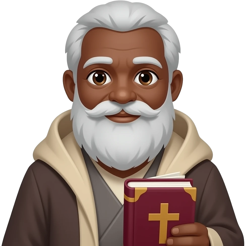 wise old man with grey hair robe slight brown eyes white beard black skin warm holding burgundy book that has a cross on it emoji