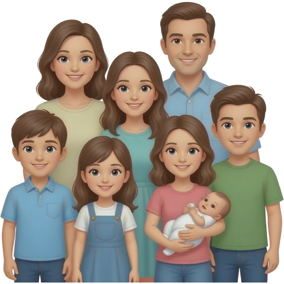 family of 8 white people and all with brown hair with 2 parents mom and dad with 6 kids 13 year old girl 10 year old boy 10 year old boy 8 year old girl small 1 year old girl and newborn girl emoji